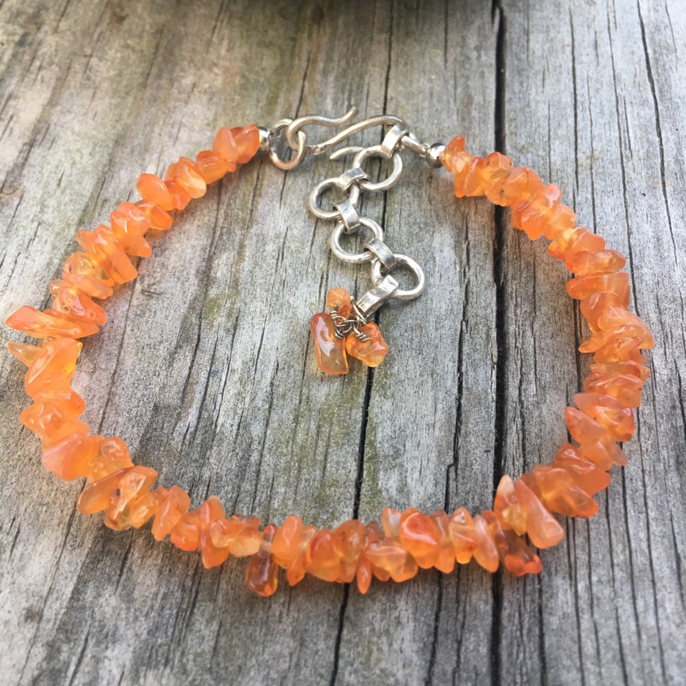 Genuine carnelian Gemstone Crystal Silver Bracelet